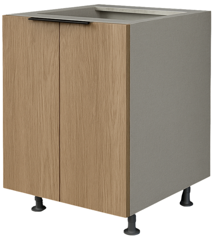 Alusso Capri Box two-door base cabinet with light wood doors, gray sides and black legs