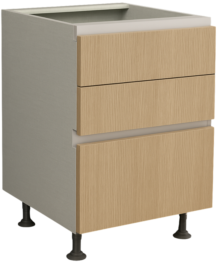 Alusso Capri Box drawer base cabinet with light wood drawer fronts, gray sides and black legs